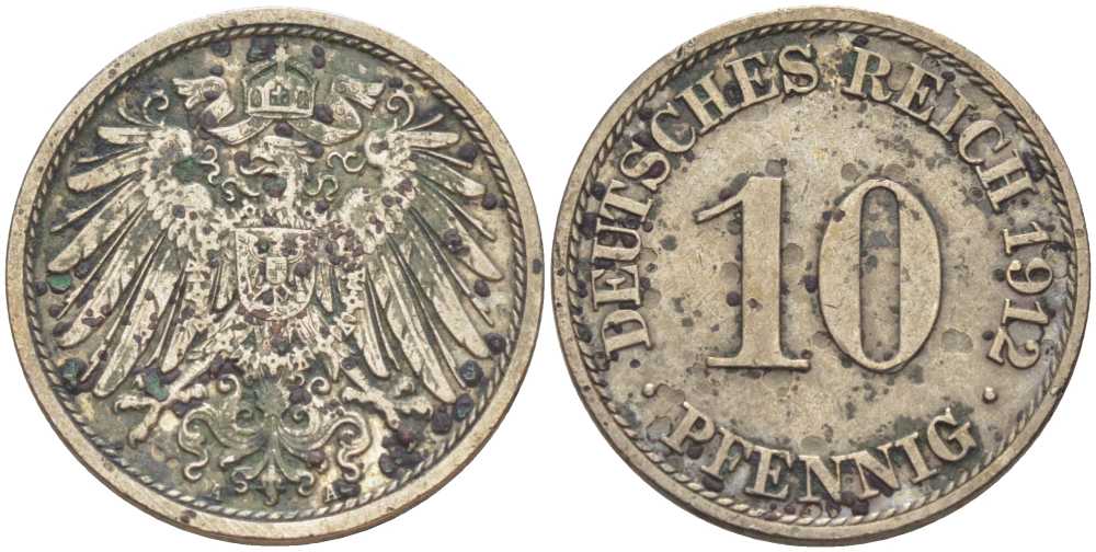 ГЕРМАНИЯ 10 ПФЕННИГОВ 1912 A KM 12, J. 13, Weege 8 медно-никель 212-833