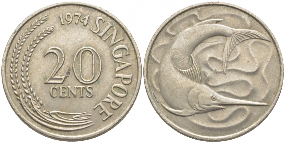 СИНГАПУР 20 ЦЕНТОВ 1974 ГОЛУБОЙ МАРЛИН, ТУНЕЦ KM 4 медно-никель 3856-1011