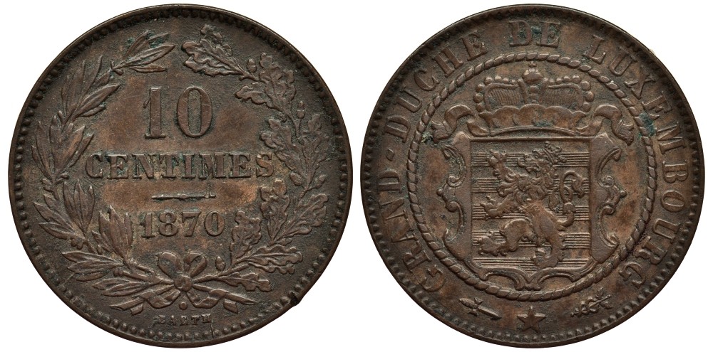 ЛЮКСЕМБУРГ 10 САНТИМОВ 1870 u, ГЕРЦОГ ВИЛЛЕМ III НИДЕРЛАНДСКИЙ (1849-1890), МОНДВОР УТРЕХТ, С ТОЧКОЙ НАД BARTH НА РЕВЕРСЕ КМ 23.1 бронза 4536-445