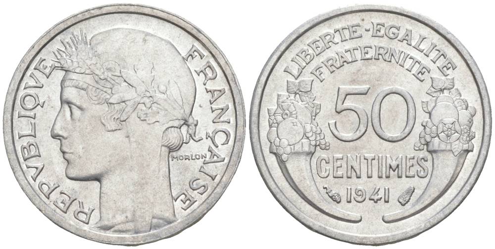 ФРАНЦИЯ 50 САНТИМОВ 1941 ТИП MORLON LOURDE KM 894.1a, LE FRANC 193.2 алюминий 44-159