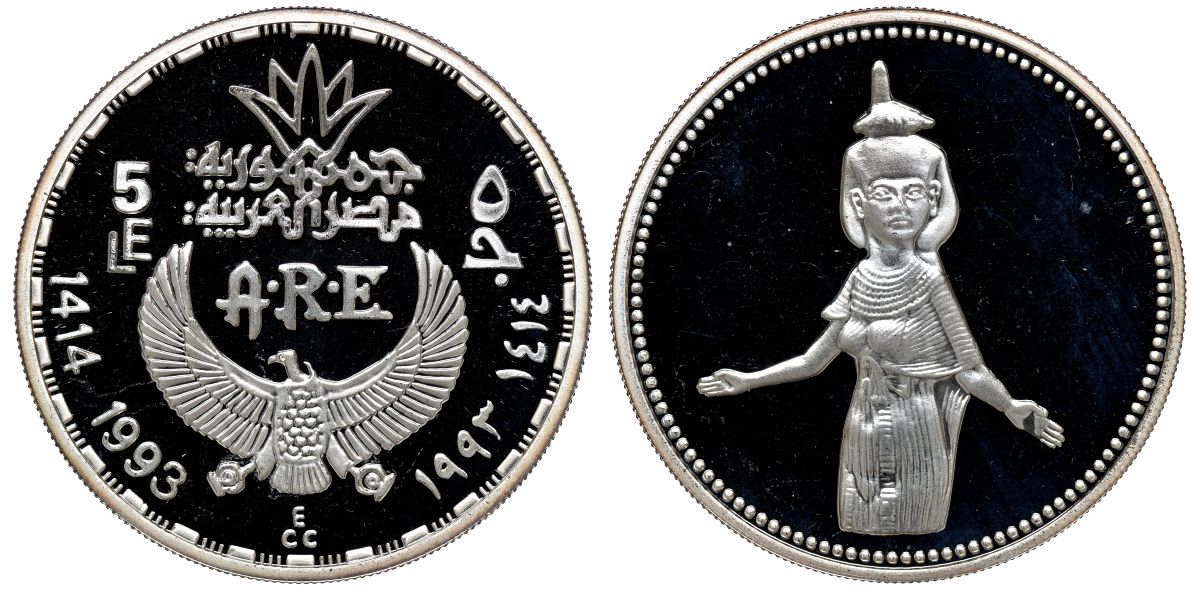 Египет 5 фунтов 1993 богиня хранительница Селкет (Серкет) KM 743 серебро PROOF 04-269-21