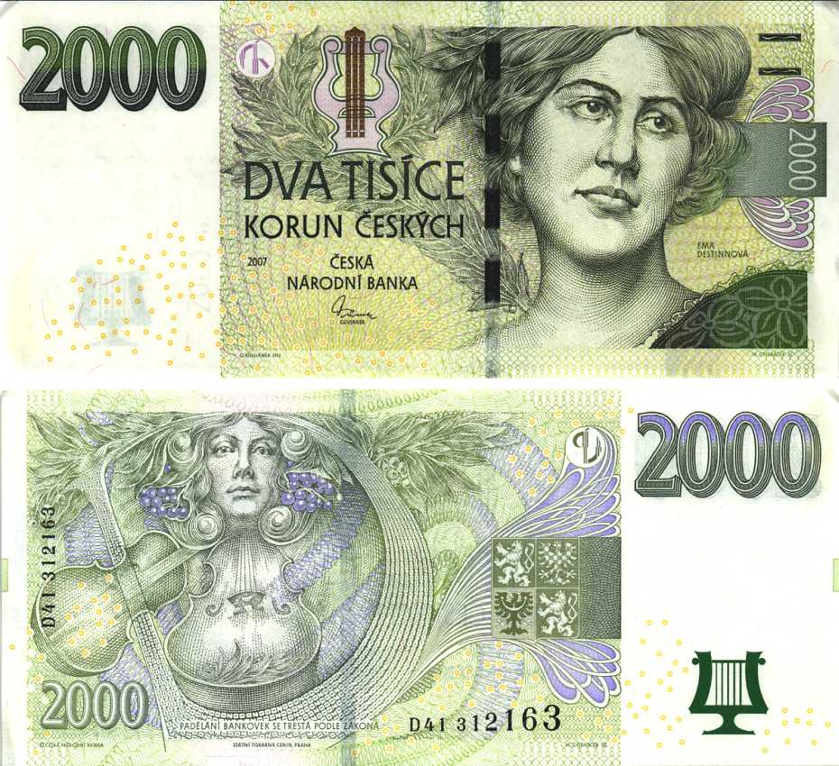 Чехия 2000 крон 2007 Эмма Дестинова, выдающаяся чешская оперная певица, серия D Pick 26 b бумага aUNC 451-234-1