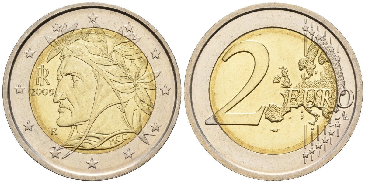 Италия 2 евро 2009 Данте Алигьери KM 217 биметалл UNC 4148-715