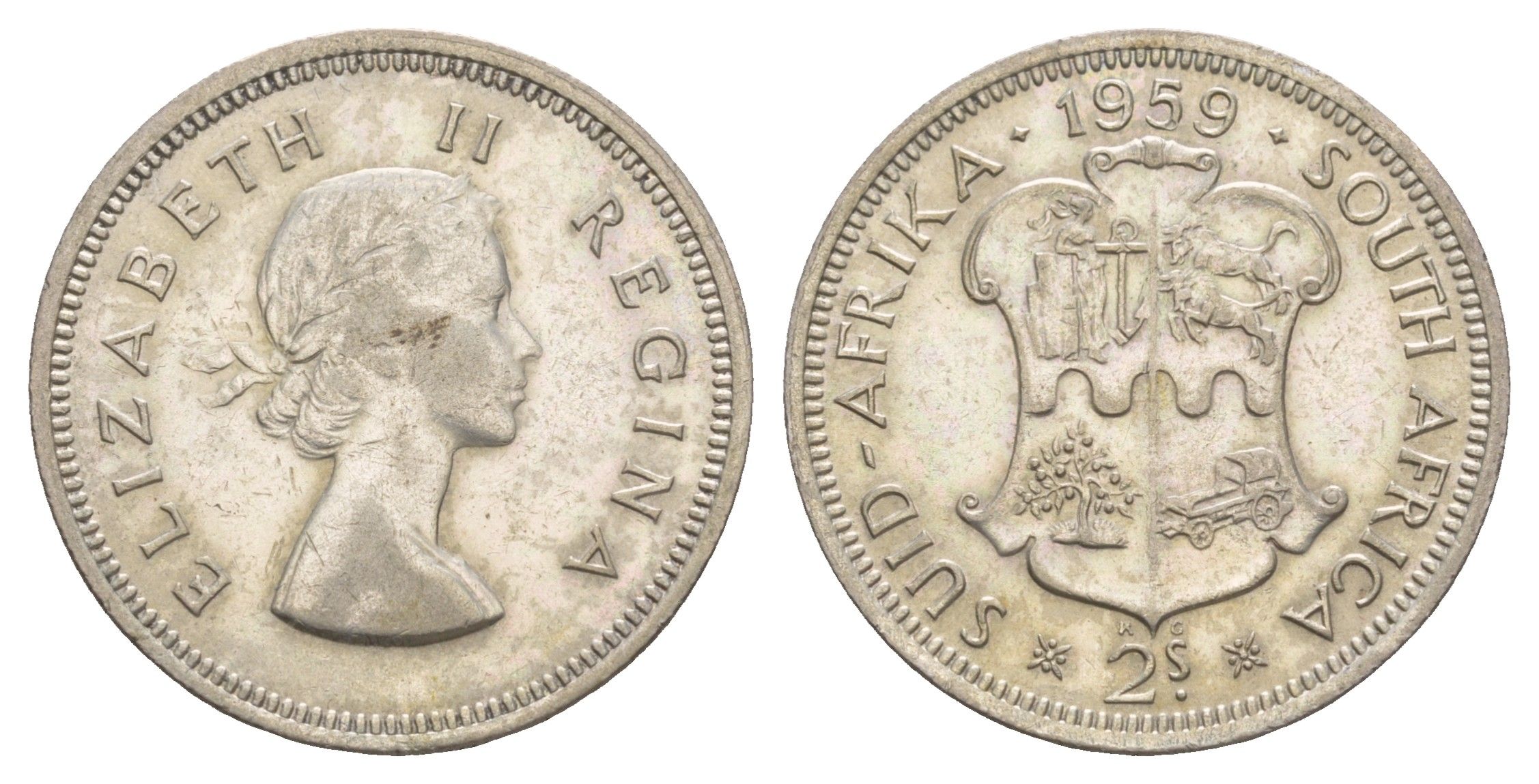 ЮАР 2 шиллинга (флорин) 1959 Елизавета II (1952-2022) KM 50 серебро 413-3624