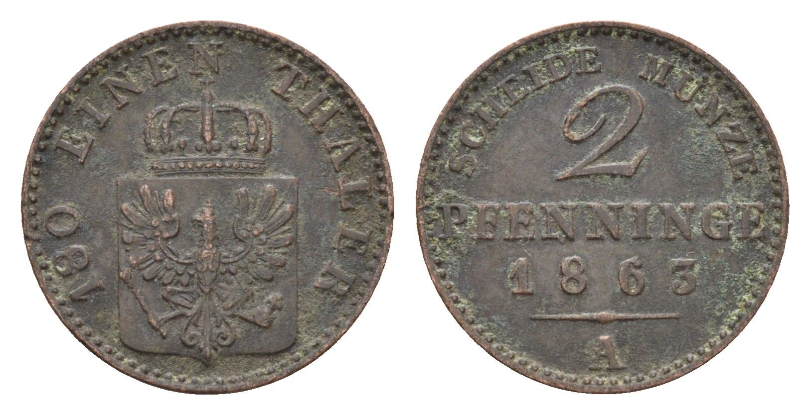 Пруссия 2 пфеннига 1863 A, Вильгельм I (1861-1888) KM 481 медь 4151-1136