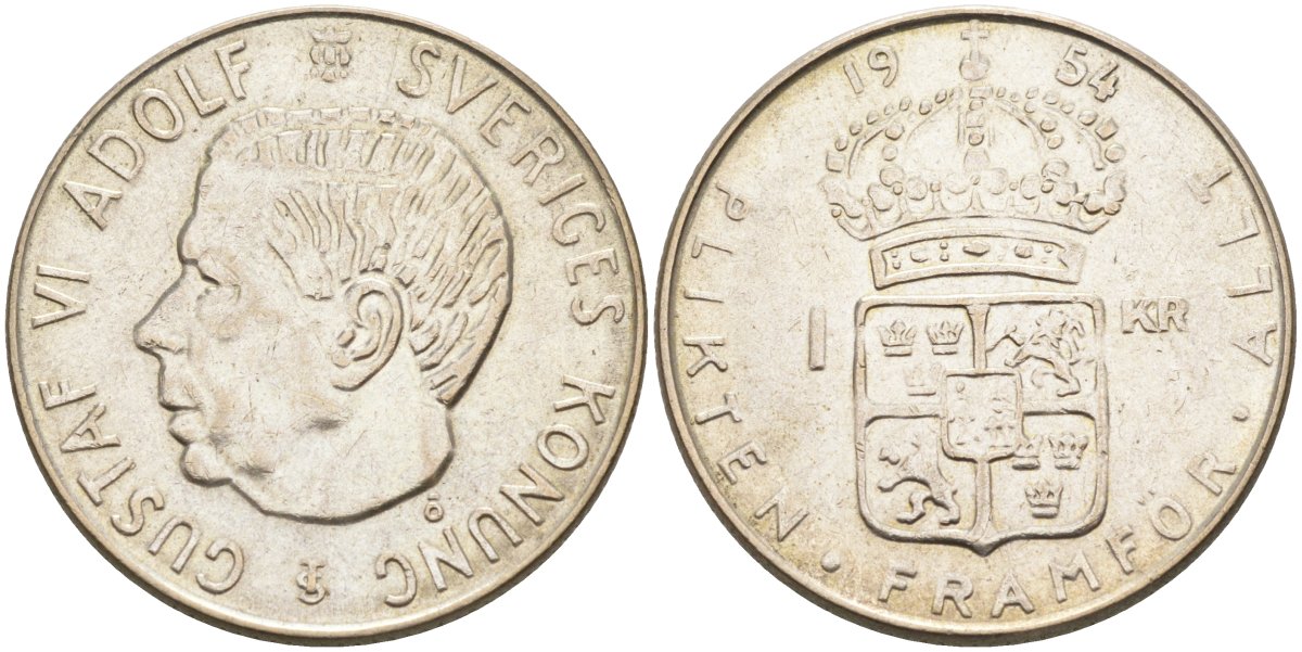 Швеция 1 крона 1954 TS, Густав VI Адольф (1950-1973) KM 826 серебро 183-1245