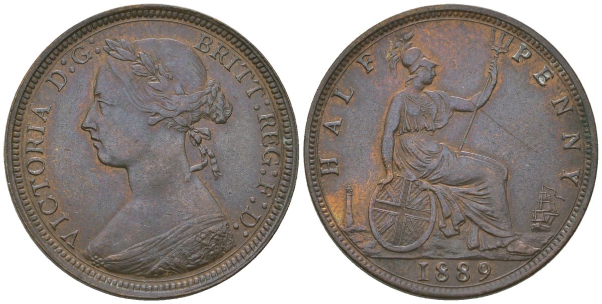 Великобритания 1/2 пенни 1889 Виктория (1837-1901) KM 754, Spink 3956 бронза 4163-836