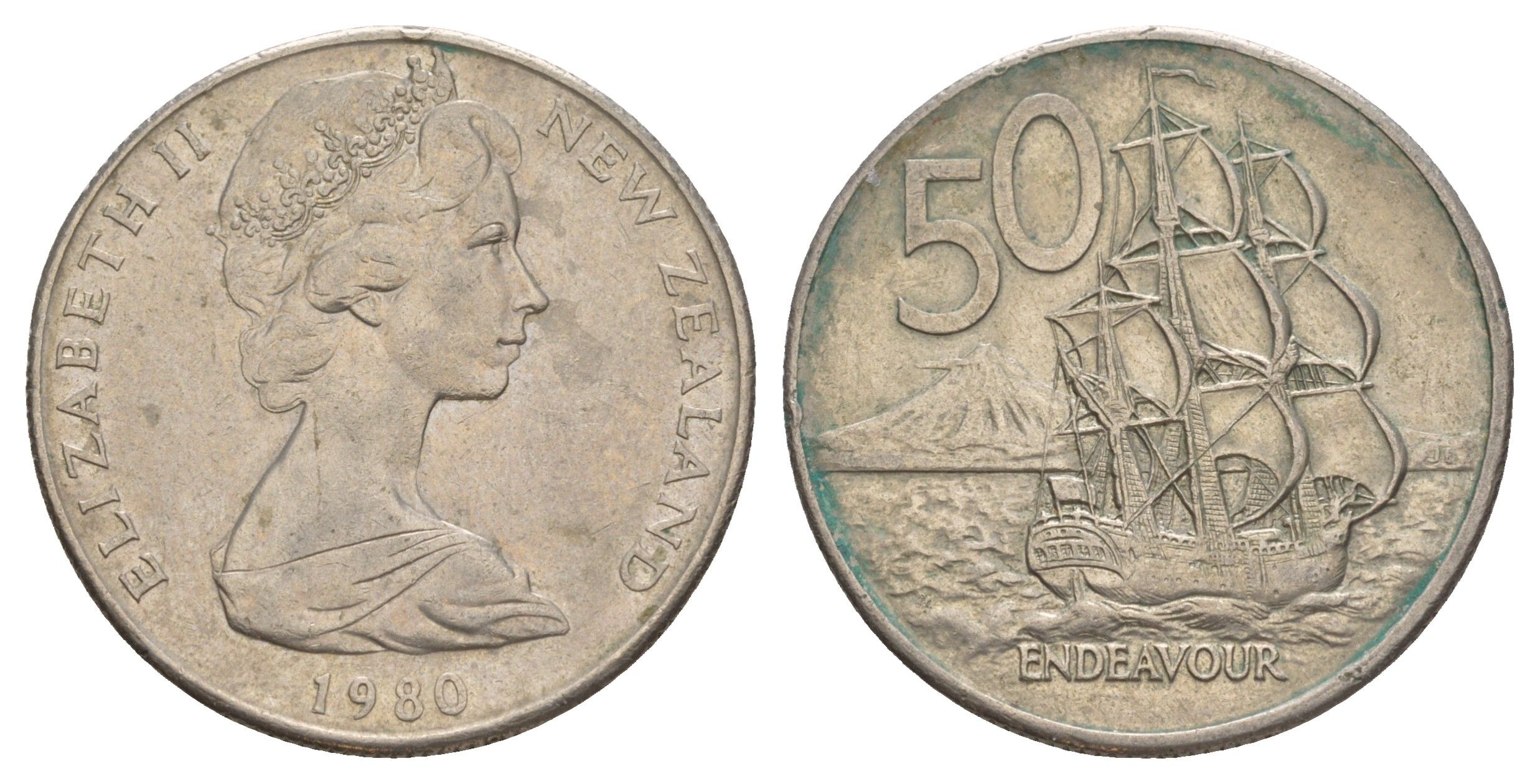 Новая Зеландия 50 центов 1980 Елизавета II (1952-2022), парусник Индевор KM 37 медно-никель 4645-622