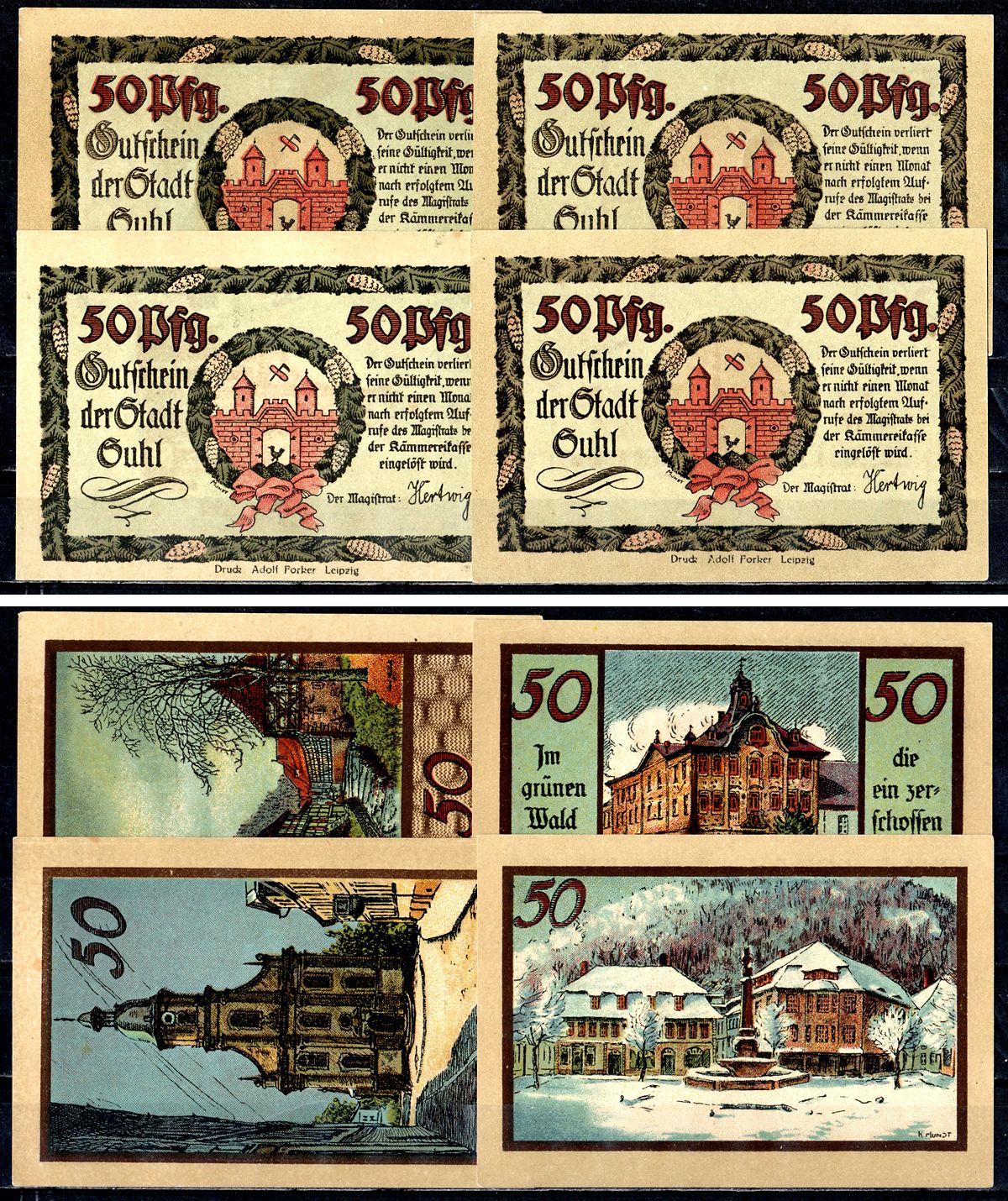 Зуль (Пруссия, Саксония) полный набор из 4 нотгельдов (50 пфеннигов) ND Mehl Grabowski 1303.3 бумага UNC (пресс) 7556-56-1-1