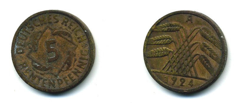 ГЕРМАНИЯ 5 РЕНТЕНПФЕННИГОВ 1924 A, KM 32, J. 308 алюминиевая бронза 54-425