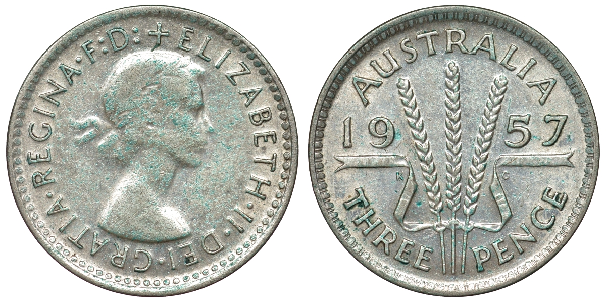 Австралия 3 пенса 1957 m, Елизавета II (1953-) KM 57 серебро 71-538
