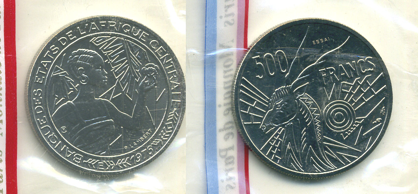 Центрально-Африканские штаты 500 франков 1976 пробник, ESSAI, Камерун, в оригинальной упаковке KM E9 никель UNC 5010-135