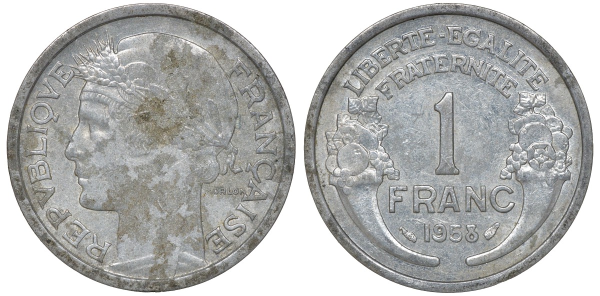 Франция 1 франк 1958 KM 885a.1 алюминий 4163-443