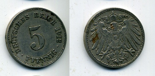 ГЕРМАНИЯ 5 ПФЕННИГОВ 1912 J, KM 11, J. 12 медно-никель 53-457