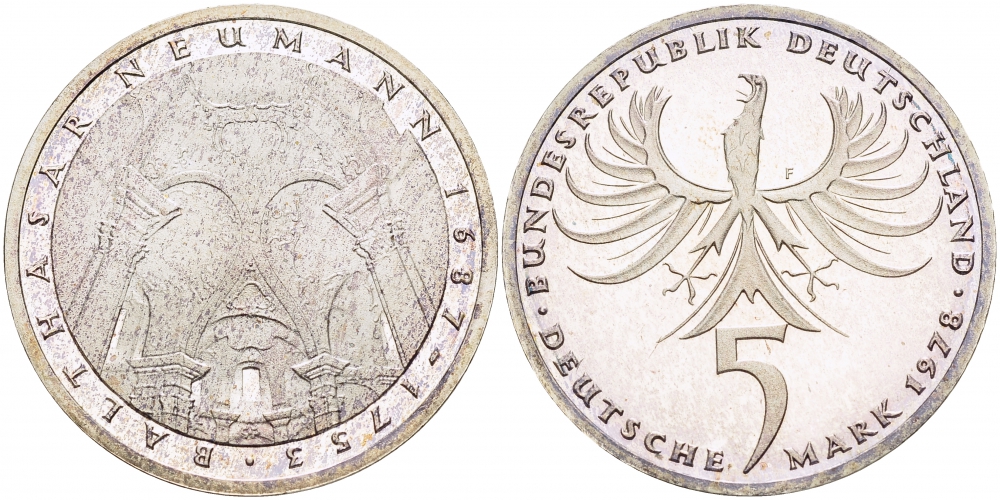 ФРГ 5 марок 1978 F, 225 лет со дня смерти Бальтазара Неймана KM 148, J.423 серебро PROOF 1087-2-63