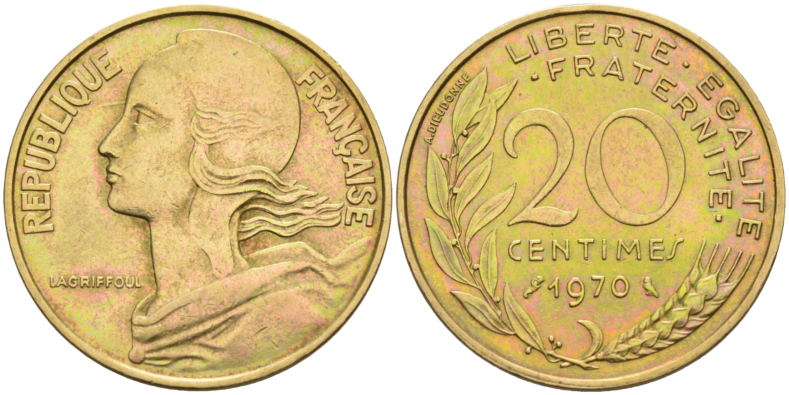 Франция 20 сантимов 1970 тип Марианна KM 930 медь алюминий никель 4116-522