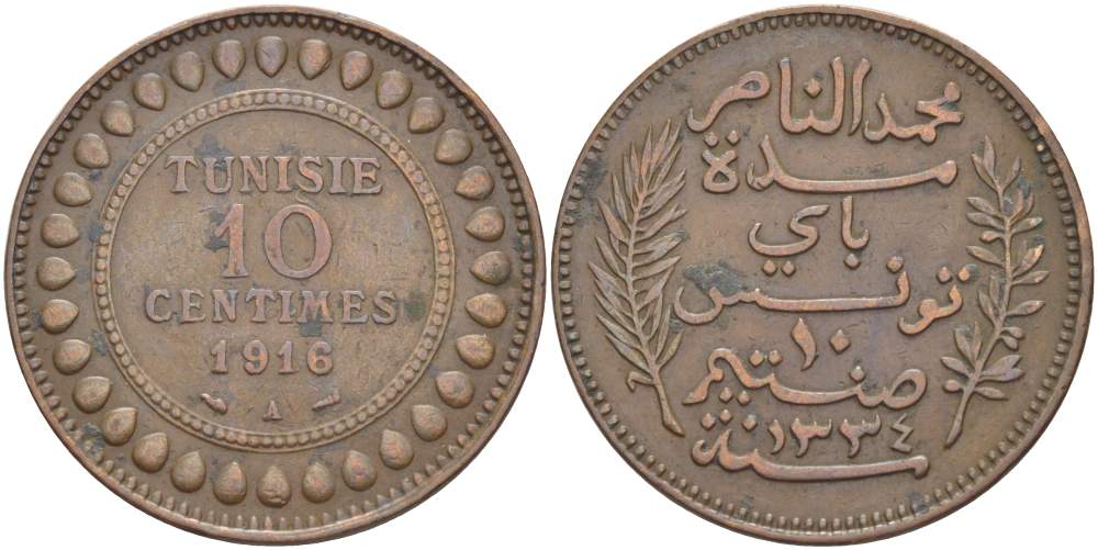 Тунис 10 сантимов 1916 АН1334, Мухаммад V ан-Насир KM 236 бронза 4526-223