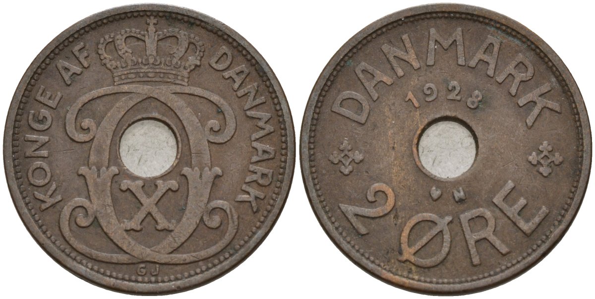 Дания 2 эре 1928 Кристиан X (1912-1947) KM 827 бронза 4147-452