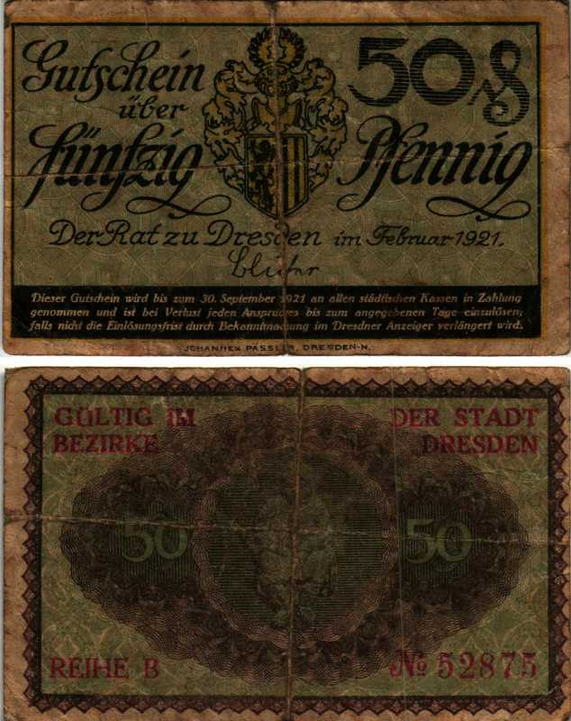 ДРЕЗДЕН 50 ПФЕННИГОВ 1921 ФЕВРАЛЬ 1921 - 30 СЕНТЯБРЯ 1921, НОТГЕЛЬД, ЗЕМЛЯ САКСОНИЯ, REIHE B Keller D30.3 бумага 6318-10-3-2