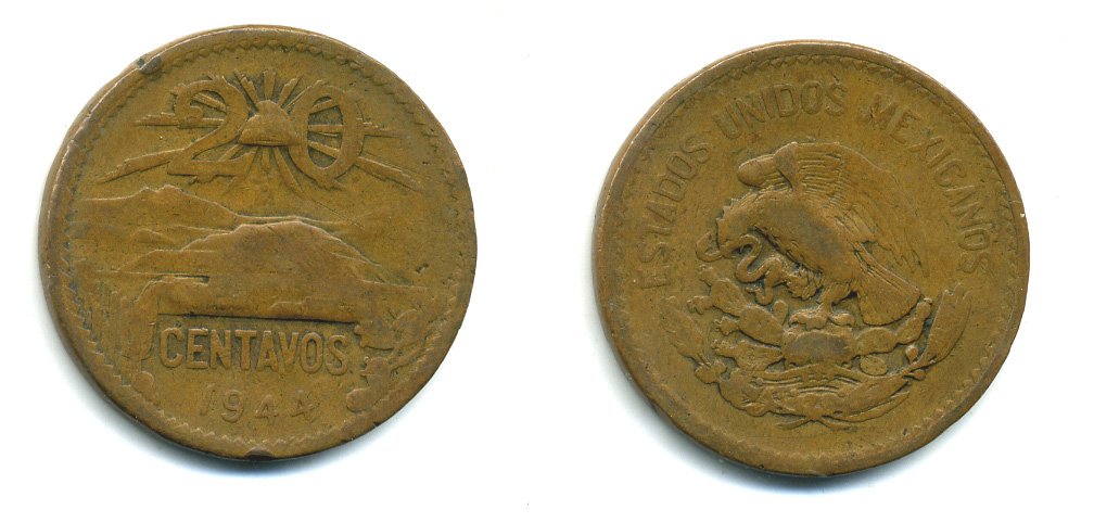 Мексика 20 сентаво 1944 KM 439 бронза 35-626