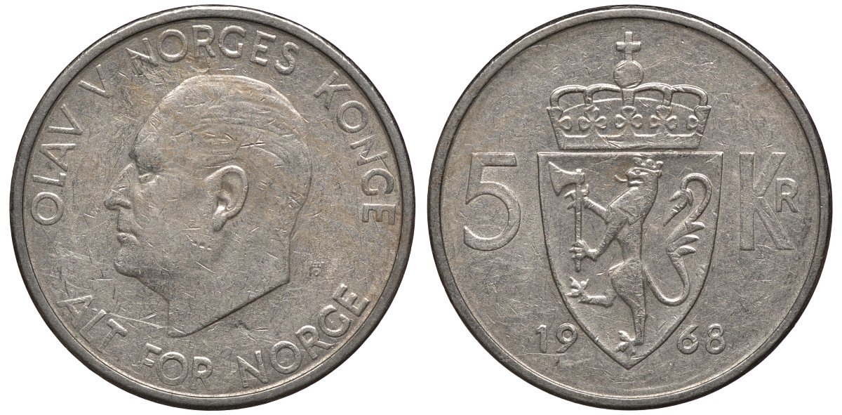 Норвегия 5 крон 1968 Улаф V (1958-1991) KM 412 медно-никель 81-822