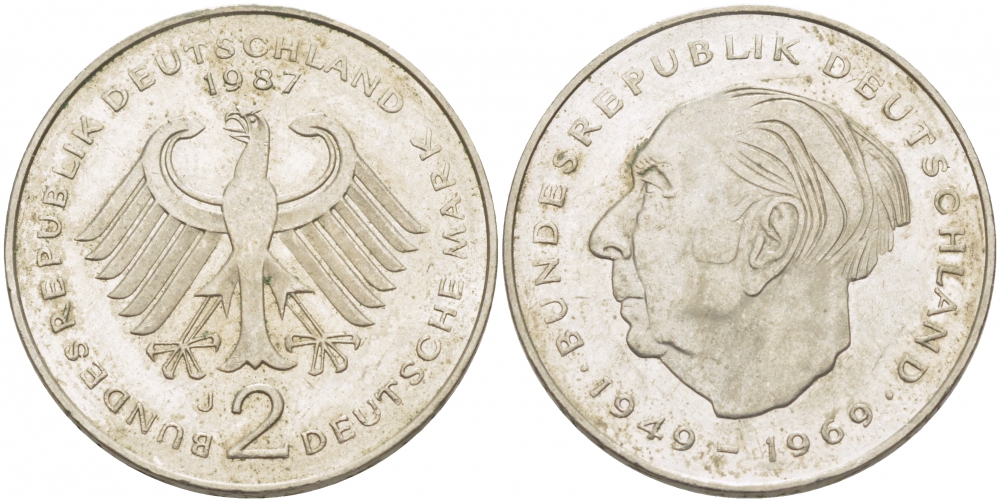 ФРГ 2 МАРКИ 1987 J, ТЕОДОР ХОЙС KM 127, J. 407 медно-никель плакированный никелем 3718-947