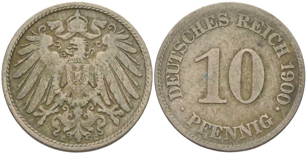 ГЕРМАНИЯ 10 ПФЕННИГОВ 1900 E KM 12, J. 13 медно-никель 4401-1221