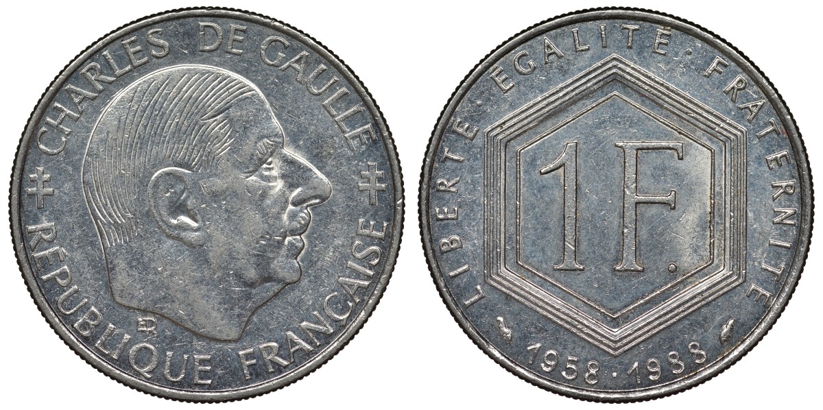 Франция 1 франк 1988 Шарль де Голль KM 963, Le Franc 227.2 никель 4128-354