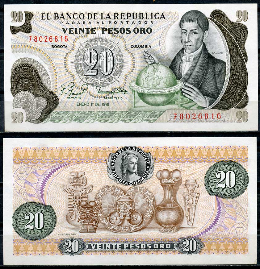 Колумбия 20 песо 1981 Франсиско Хосе де Кальдас, музей золота Pick 409 d  бумага  UNC (пресс) 447-82-1