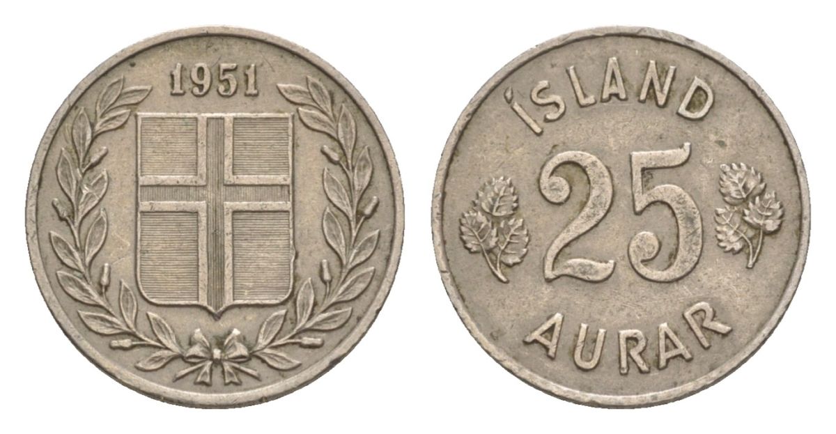 Исландия 25 эйре 1951 KM 11 медно-никель 4632-945