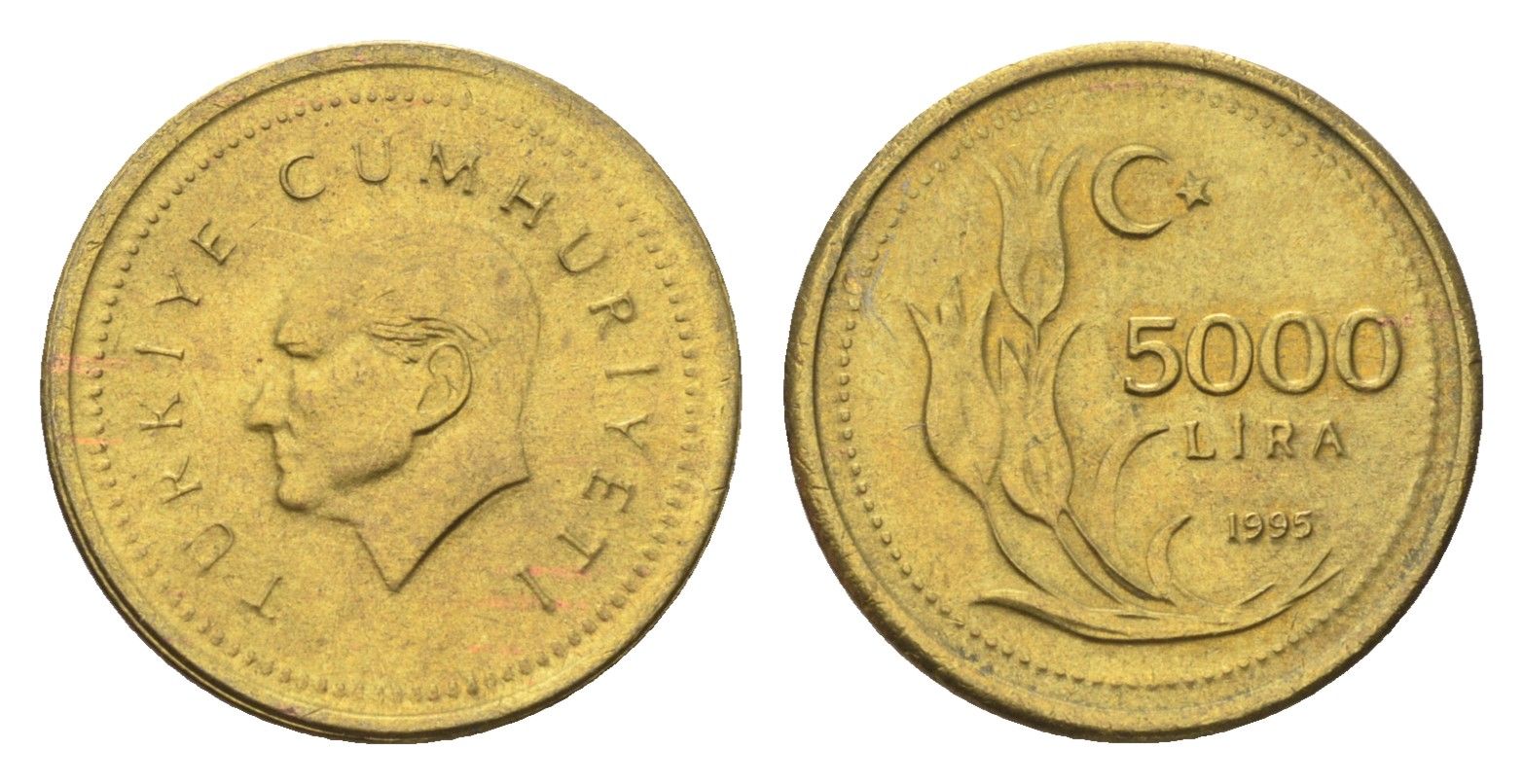 Турция 5000 лир 1995 Кемаль Ататюрк KM 1029.1 латунь UNC 4705-961