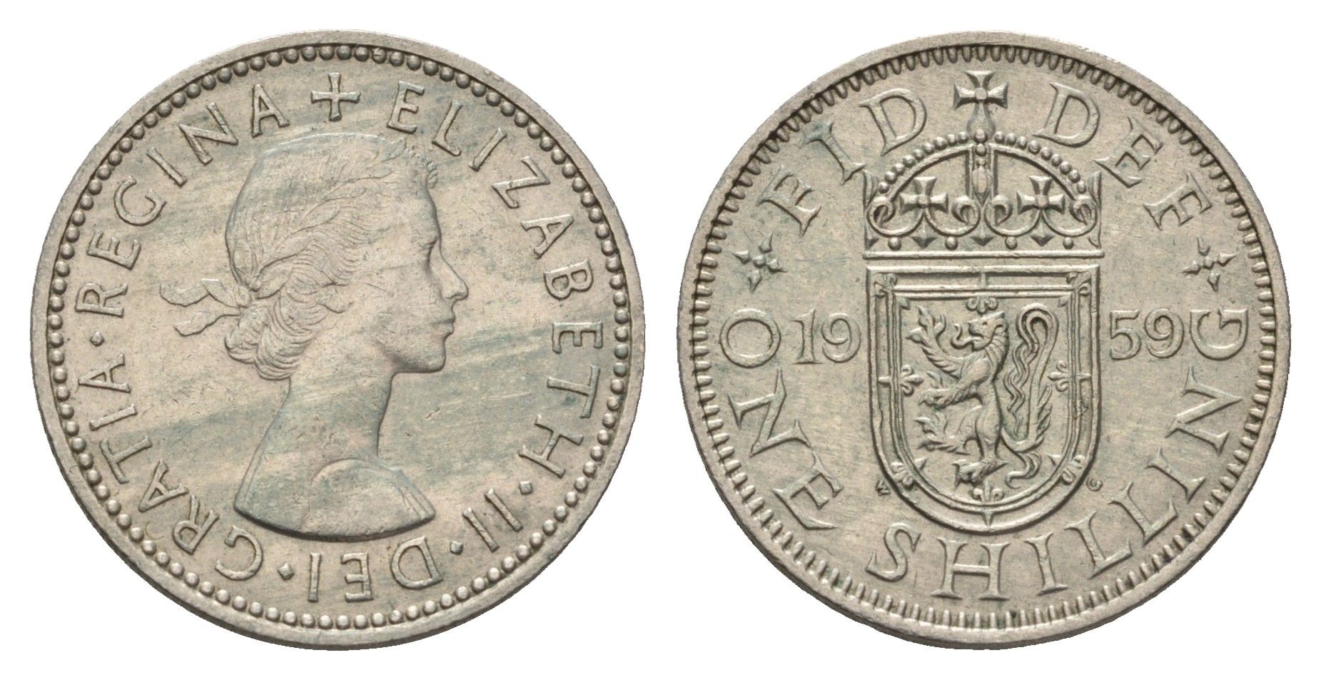 Великобритания 1 шиллинг 1959 Елизавета II (1952-2022), Шотландский герб, редкий год KM 905, Spink 4148 медно-никель 270-1435