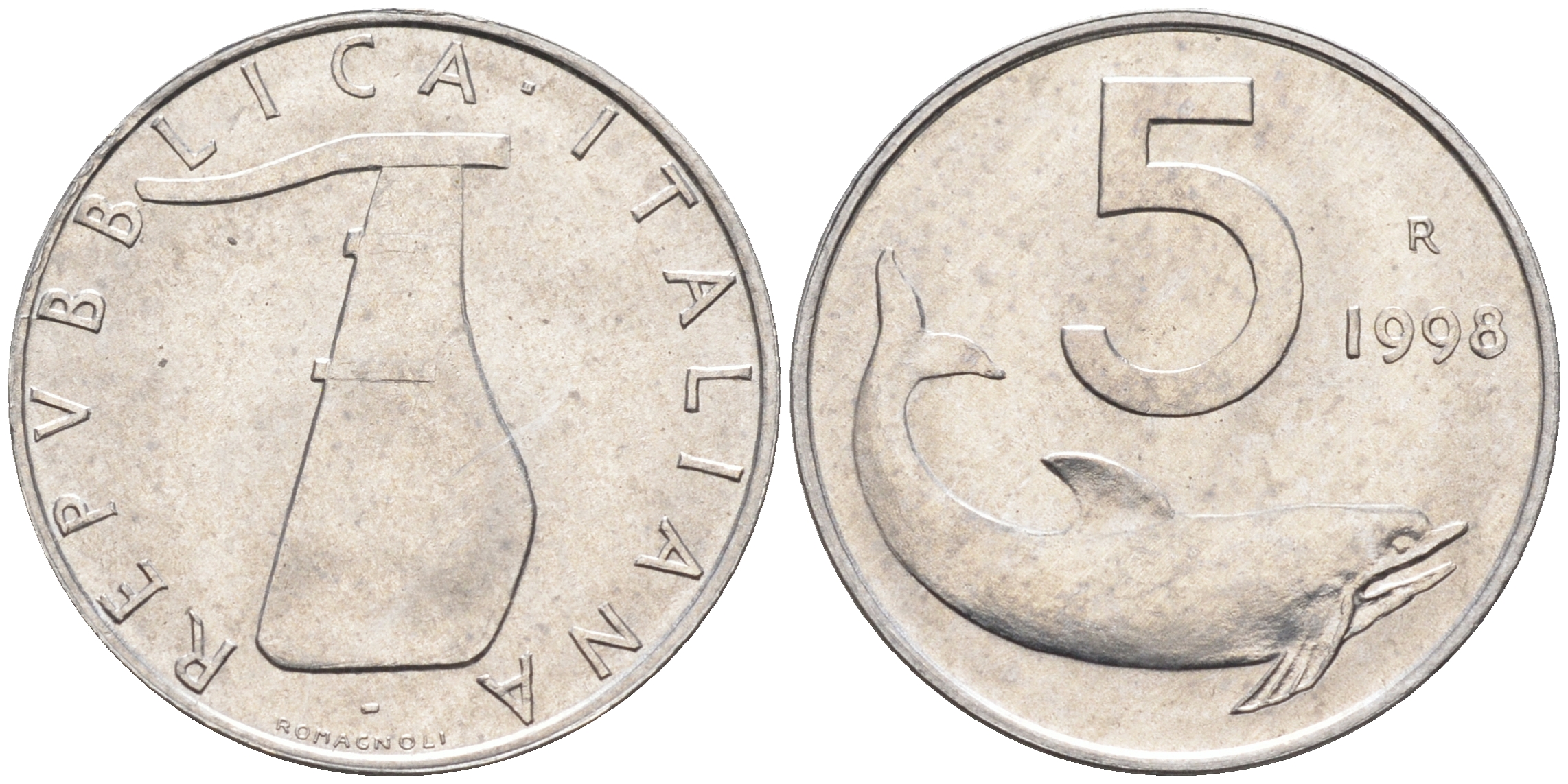 Италия 5 лир 1998 R, дельфин KM 92 алюминий  UNC  4594-954
