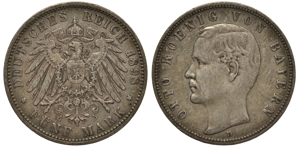 Бавария 5 марок 1898 D, Отто (1886-1913) Weege 47, J. 46, KM 512.1 серебро 3711-1422