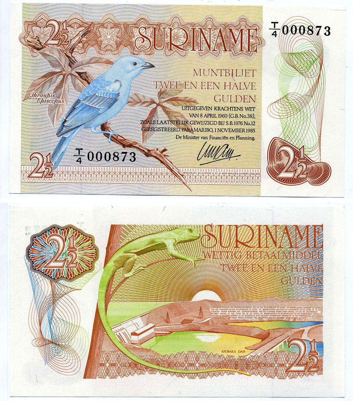 Суринам 2 1/2 гульдена 1985 голубая танагра, дамба Pick 119 a бумага UNC (пресс) 7214-38-1-1