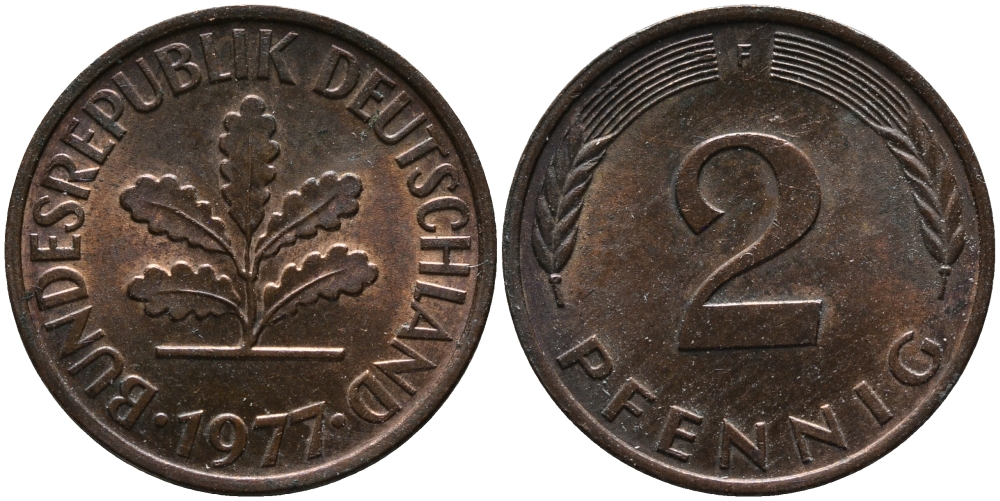 ФРГ 2 пфеннига 1977 F KM 106a, J.381a сталь плакированная медью 99-231