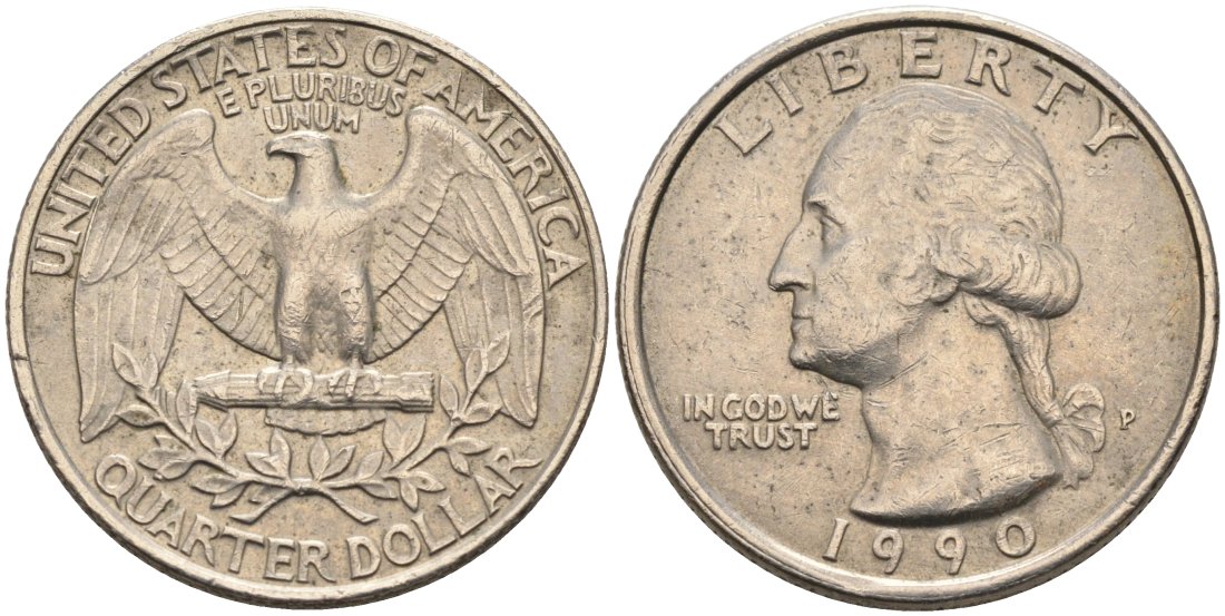 США 25 центов = квотер 1990 P, Вашингтон КМ 164а медь плакированная медно-никелем 4573-152