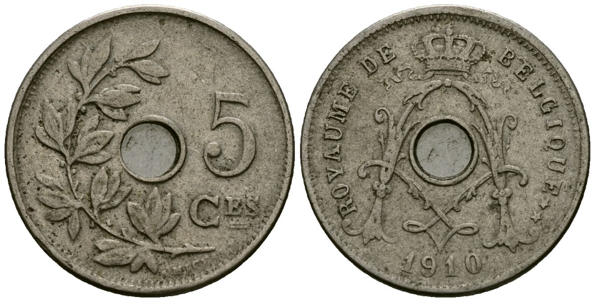 Бельгия 5 сантимов 1910 Belgique, Альберт I (1909-1934) KM 66 медно-никель 4173-431