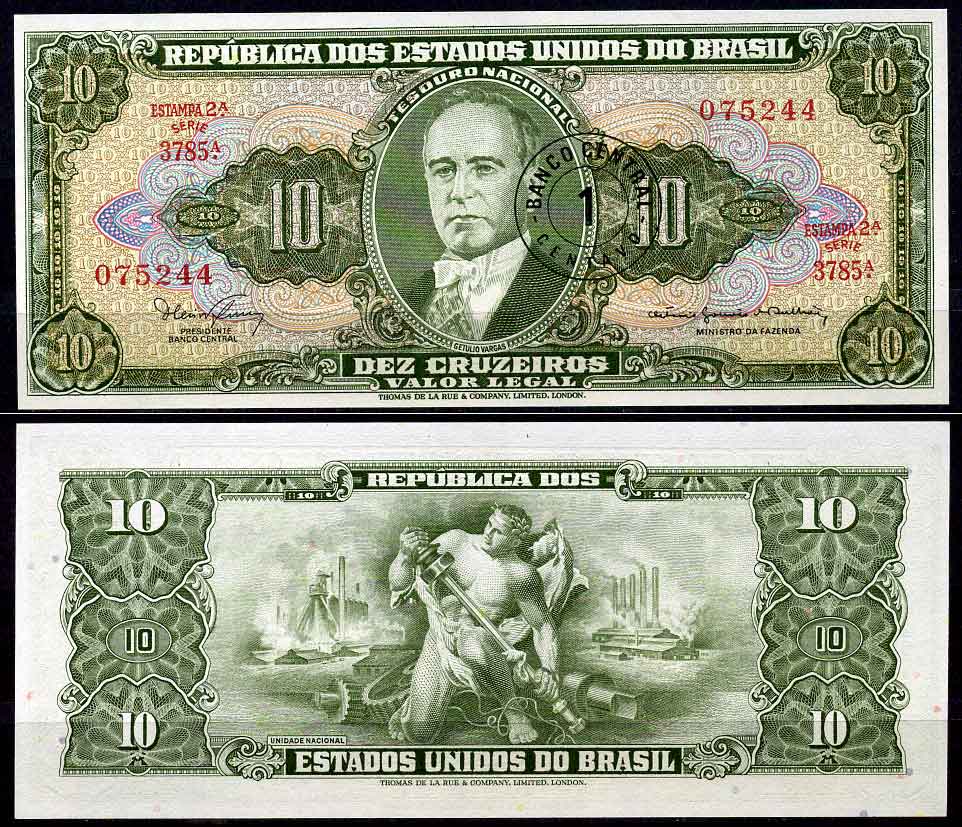 Бразилия 1 сентаво 1967 надпечатка на 10 крузейро, серия 3785, ESTAMPA 2A, Жетулиу Варгас Pick 183 b бумага UNC (пресс) 7202-7-3