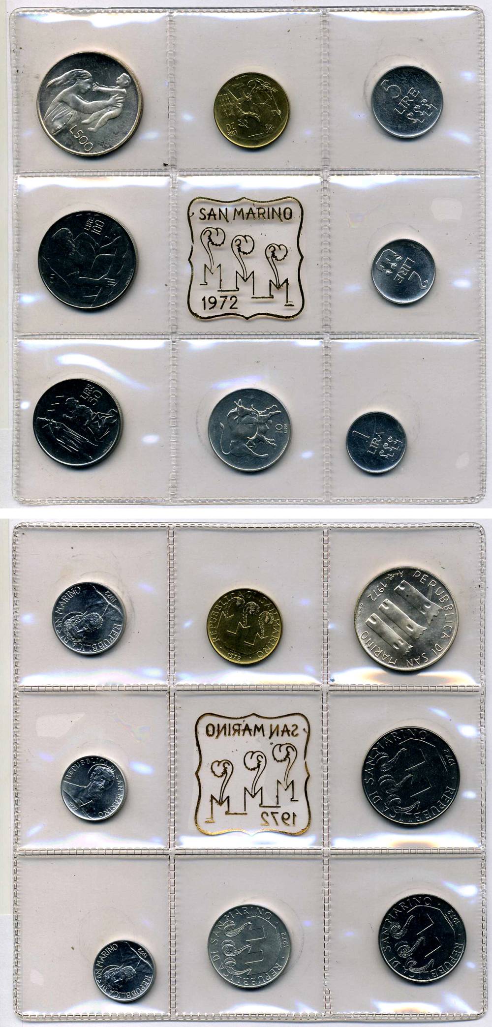 Сан-Марино годовой набор из 8 монет 1972 1, 2, 5, 10, 20, 50, 100 и 500 лир мать поднимает ребенка в воздух KM 14-21, в оригинальной пластиковой запайке серебро KM MS1 серебро UNC 3-4-5-9