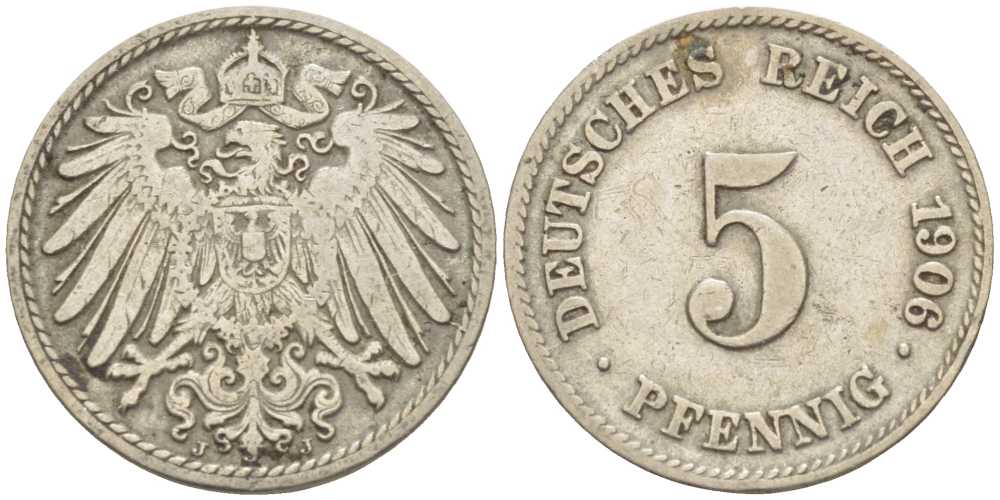 Германия 5 пфеннигов 1906 J KM 11, Jager 12, Weege 6 медно-никель 105-123