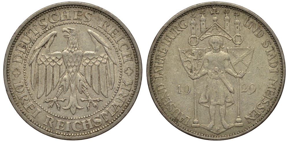 Германия 3 марки 1929 E, 1000 лет городу и земле Майсен Jaeger 338, KM 65 серебро 413-4511