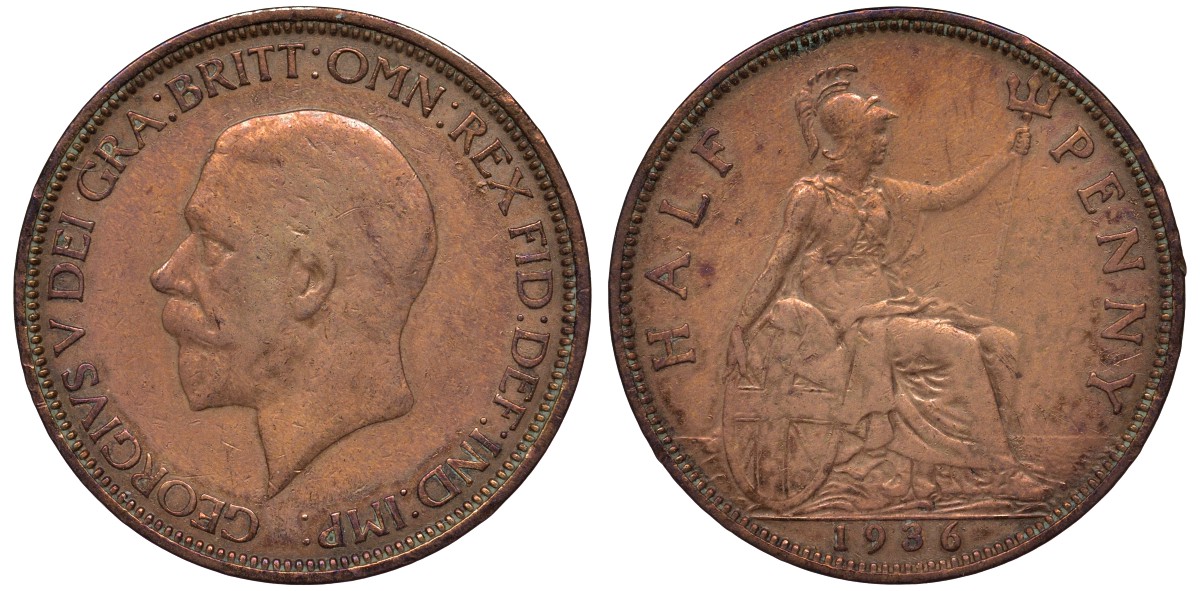 Великобритания 1/2 пенни 1936 Георг V (1910-1936) KM 837, Spink 4058 бронза 4122-746