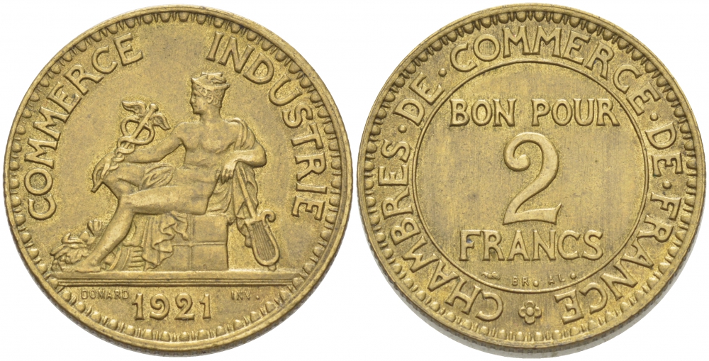 ФРАНЦИЯ 2 ФРАНКА 1921 CHAMBRES DE COMMERCE KM 877, LE FRANC 267.3 алюминиевая бронза 4403-1123