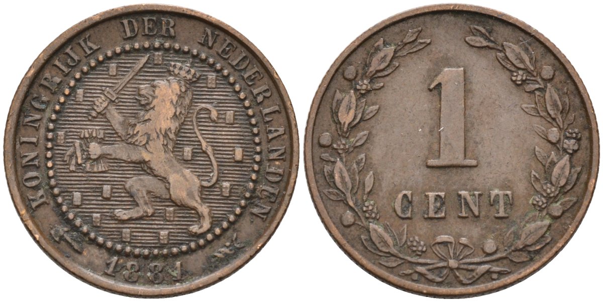 Нидерланды 1 цент 1881 Виллем III (1849-1890) KM 107 бронза 4576-562