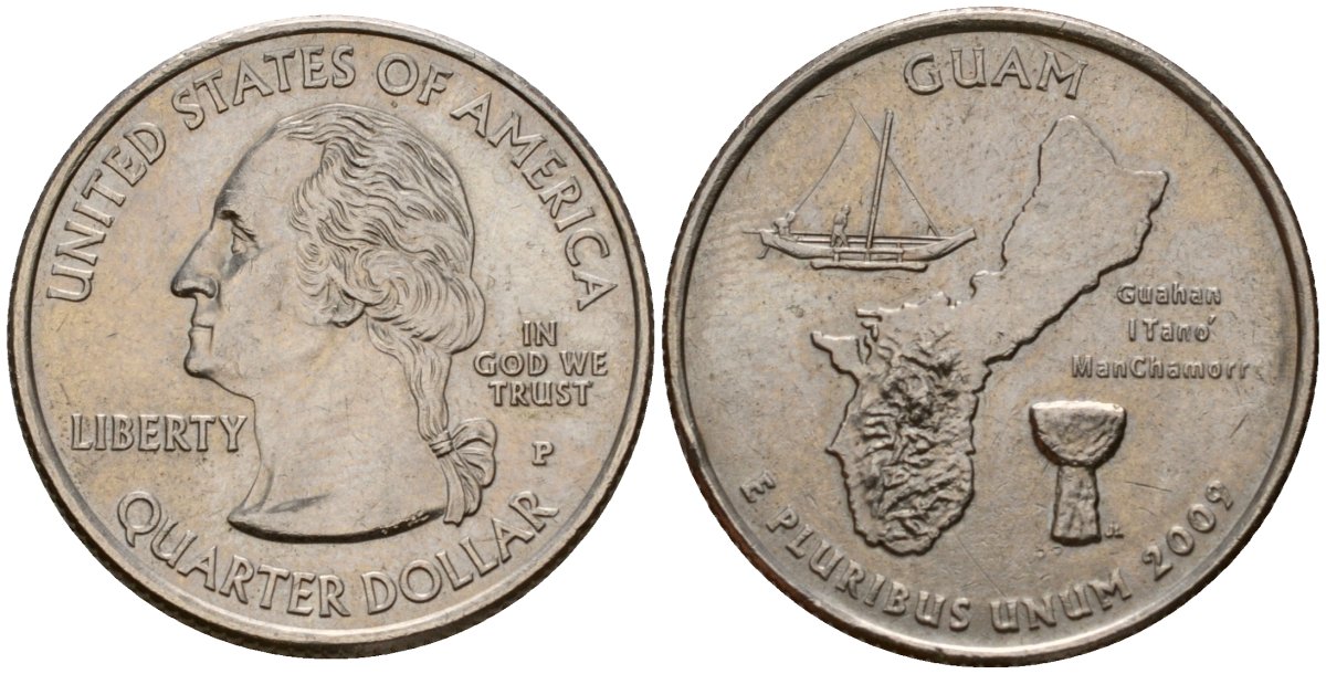США 25 центов = квотер 2009 P, серия штаты США, Гуам KM 447 медь плакированная медно-никелем 4603-1213