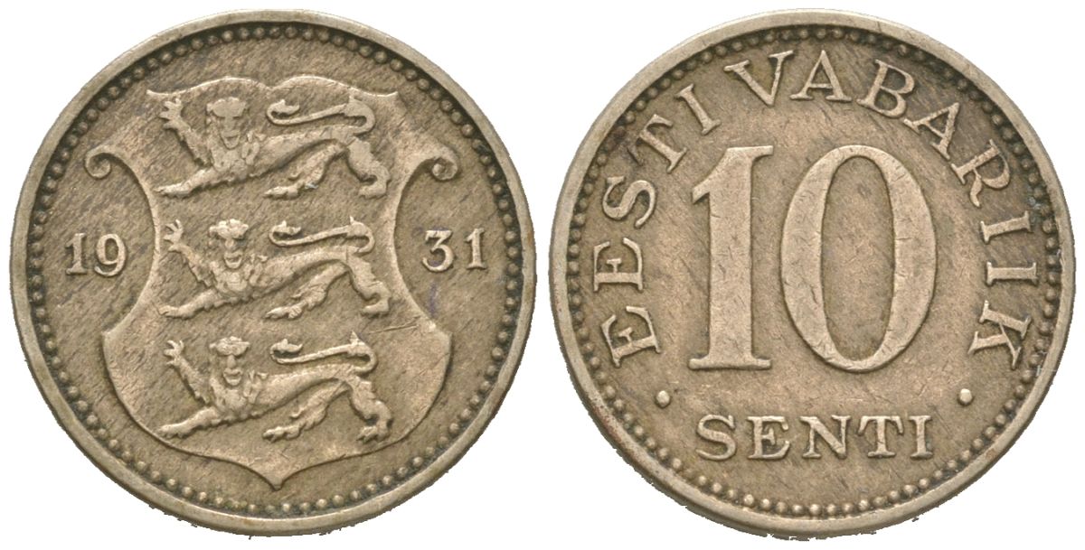 Эстония 10 центов 1931 Республика (1918-1941) KM 12 никель бронза 4615-1126