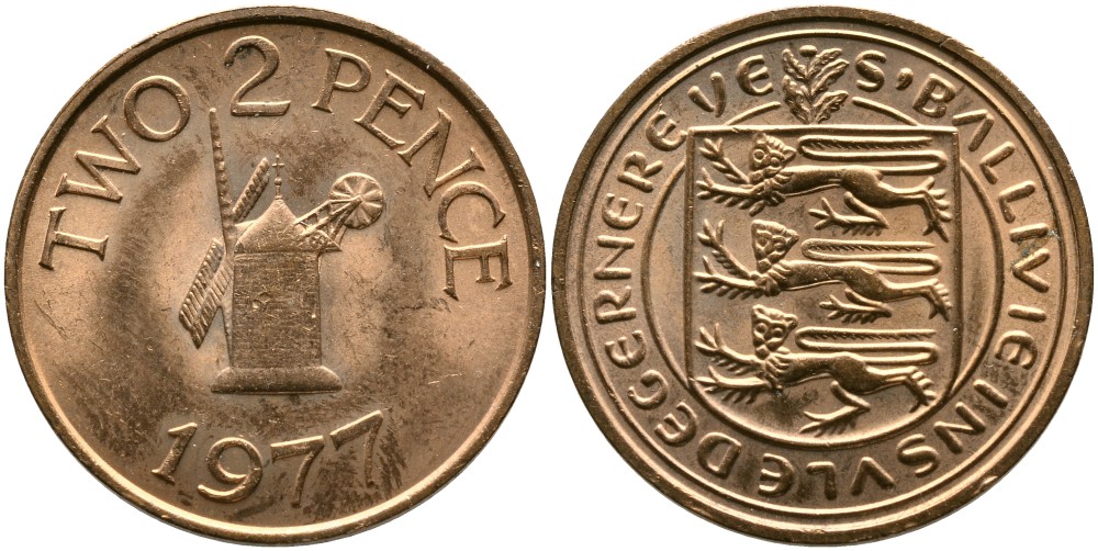 Гернси 2 пенса 1977 ветряная мельница KM 28 бронза 4523-335