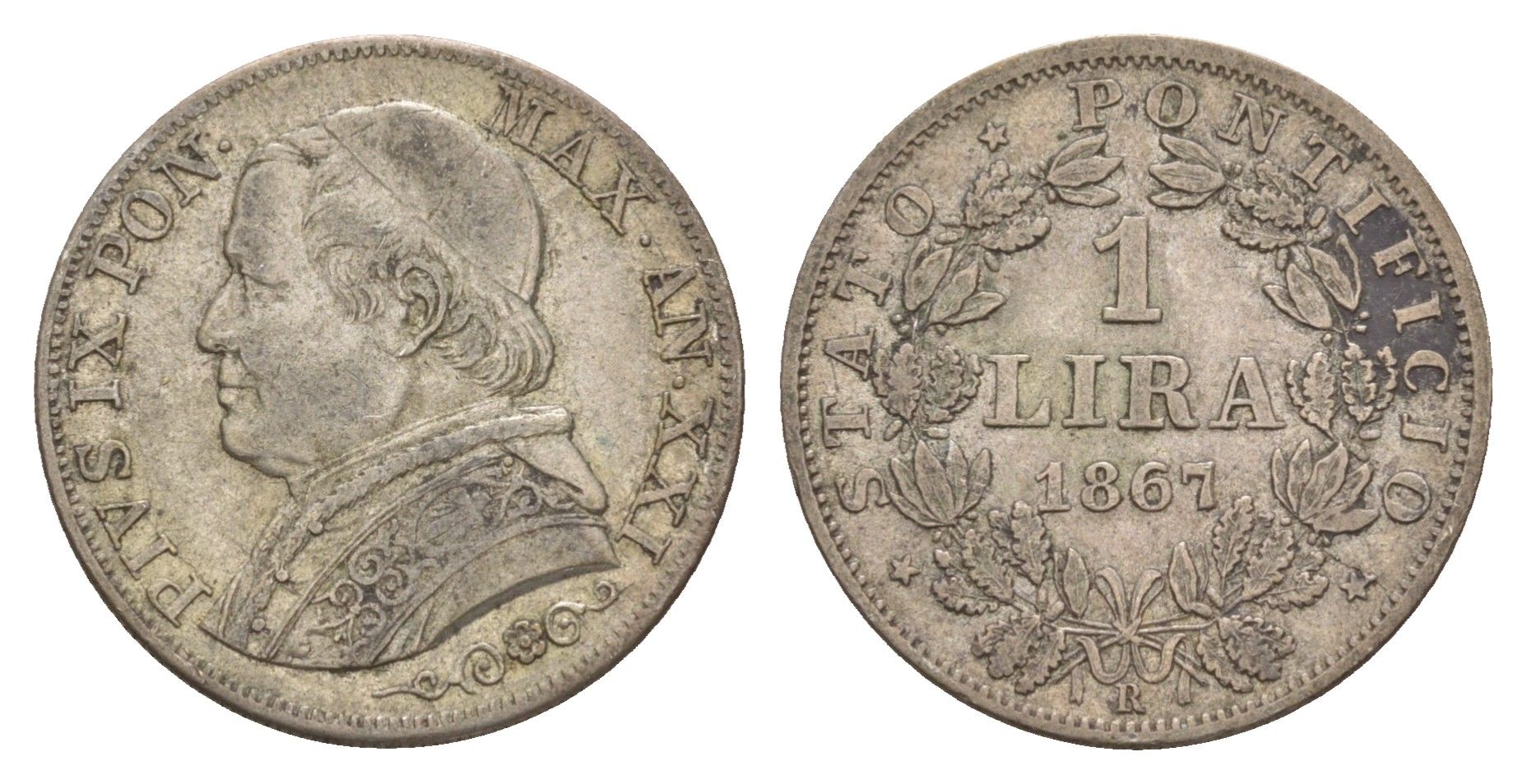 Папская область 1 лира 1867 R, Пий IX (1846-1878) KM 1378 серебро 603-614