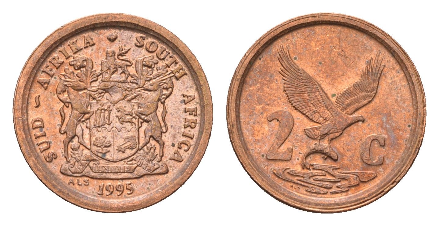 ЮАР 2 цента 1995 орел с рыбой KM 133 сталь плакированная медью UNC 4694-265